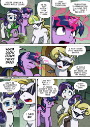 Size: 1204x1700 | Tagged: safe, artist:tarkron, imported from derpibooru, rarity, spike, twilight sparkle, oc, oc:cosmo cool, alicorn, dragon, pony, unicorn, comic:the royal sandal, comic, speech bubble, sunglasses, twilight sparkle (alicorn)