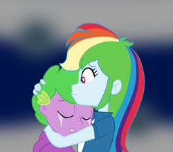 Size: 1158x1019 | Tagged: safe, artist:spike17, imported from derpibooru, rainbow dash, spike, human, equestria girls, caress, concerned, crying, female, hand on hair, help, hug, human spike, humanized, male, ship:rainbowspike, shipping, straight