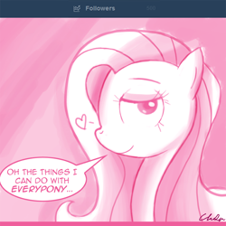 Size: 1000x1000 | Tagged: dead source, safe, artist:flirtershy, imported from derpibooru, fluttershy, pegasus, pony, bedroom eyes, dialogue, female, flirting, heart, looking at you, mare, monochrome, smiling, smiling at you, solo