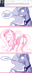 Size: 440x1000 | Tagged: dead source, safe, artist:flirtershy, imported from derpibooru, fluttershy, princess luna, alicorn, pegasus, pony, luna eclipsed, ask, butt, clothes, comic, confused, dialogue, dress, female, lesbian, lunashy, maid, mare, missing cutie mark, plot, presenting, shipping, simple background, teary eyes, tumblr, white background