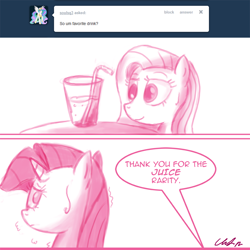 Size: 1000x1000 | Tagged: dead source, safe, artist:flirtershy, imported from derpibooru, fluttershy, rarity, pegasus, pony, unicorn, 2 panel comic, ask, comic, dialogue, drink, drinking straw, duo, duo female, female, glass, lesbian, looking back, mare, monochrome, nervous sweat, nose wrinkle, ship:flarity, shipping, simple background, tumblr, white background