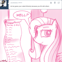 Size: 1000x1000 | Tagged: dead source, safe, artist:flirtershy, imported from derpibooru, fluttershy, pegasus, pony, ask, dialogue, female, lidded eyes, list, looking at you, mare, monochrome, scroll, smiling, smiling at you, solo, tumblr