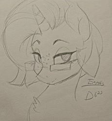 Size: 1886x2048 | Tagged: safe, artist:thelunarmoon, imported from derpibooru, oc, oc only, oc:empathy, pony, unicorn, bust, female, freckles, glasses, lidded eyes, looking at you, mare, monochrome, solo, traditional art