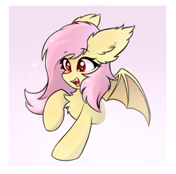 Size: 1880x1850 | Tagged: safe, artist:rejiser, imported from derpibooru, fluttershy, bat pony, pony, bat ponified, bat wings, chest fluff, ear fluff, fangs, female, floppy ears, flutterbat, gradient background, halfbody, mare, open mouth, open smile, race swap, raised hoof, simple background, smiling, solo, spread wings, wings