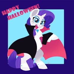 Size: 4000x4000 | Tagged: safe, artist:fizzlefer, imported from derpibooru, rarity, pony, unicorn, bipedal, cape, clothes, costume, fangs, female, halloween, halloween costume, happy halloween, holiday, looking at you, mare, open mouth, open smile, smiling, smiling at you, solo, vampire costume