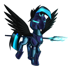 Size: 5500x5200 | Tagged: safe, artist:dacaoo, imported from derpibooru, oc, oc:nightlight aura, pegasus, pony, armor, commission, crystal, drawing, drone, high quality, latex, latex suit, lightning, mind control, simple background, solo, spear, storm guard, transparent background, weapon, wings