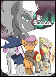 Size: 754x1024 | Tagged: safe, artist:kingkrail, imported from derpibooru, apple bloom, scootaloo, sweetie belle, oc, oc:the chronomancer, earth pony, pegasus, pony, unicorn, alternate universe, armor, cape, castle, clothes, crown, facial hair, fanfic, fanfic art, fanfic cover, fantasy, goatee, hat, jewelry, looking at you, looking up, regalia, scarf, snow, staff, sword, weapon, white mane, witch hat