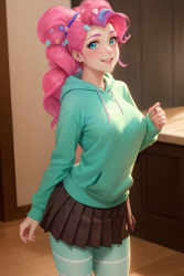 Size: 1024x1536 | Tagged: safe, editor:sammykun, imported from derpibooru, pinkie pie, human, equestria girls, ai content, ai generated, blurry background, breasts, busty pinkie pie, candy, clothes, cosplay, costume, disney, disney princess, food, generator:stable diffusion, hoodie, indoors, jacket, long hair, long sleeves, looking at you, miniskirt, open mouth, pleated skirt, ponytail, prompter:sammykun, reasonably sized breasts, skirt, smiling, socks, teeth, thigh highs, vanellope von schweetz, wreck-it ralph