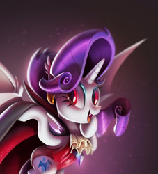 Size: 1863x2048 | Tagged: safe, alternate version, artist:brdte, imported from derpibooru, rarity, bat pony, pony, bat ponified, cape, close-up, clothes, female, halloween, holiday, mare, open mouth, open smile, race swap, raribat, smiling, solo, spread wings, wings