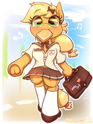 Size: 2250x3011 | Tagged: safe, artist:phoenixrk49, imported from derpibooru, applejack, earth pony, semi-anthro, bread, clothes, cute, eye clipping through hair, female, food, frog (hoof), garter, hoof hold, jackabetes, mare, mouth hold, music notes, school uniform, schoolgirl toast, socks, solo, stockings, thigh highs, toast, underhoof