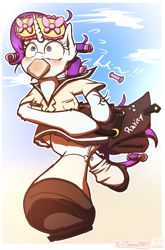 Size: 2250x3411 | Tagged: safe, artist:phoenixrk49, imported from derpibooru, rarity, semi-anthro, unicorn, blushing, bread, clothes, cute, fake eyelashes, food, hair curlers, late, raribetes, running, school uniform, schoolgirl toast, sleep mask, solo, toast