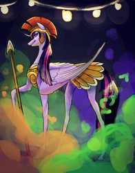 Size: 1024x1307 | Tagged: safe, artist:starshine74, imported from derpibooru, twilight sparkle, alicorn, pony, armor, athena sparkle, clothes, concave belly, costume, female, long legs, mare, nightmare night costume, slim, solo, spear, tall, thin, thin legs, twilight sparkle (alicorn), weapon