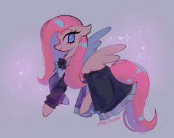 Size: 2048x1623 | Tagged: safe, artist:petaltwinkle, imported from derpibooru, fluttershy, pegasus, pony, clothes, cute, female, floppy ears, gray background, heart, maid, mare, shyabetes, signature, simple background, smiling, solo, sparkles, spread wings, wings