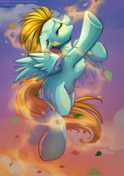 Size: 935x1323 | Tagged: safe, artist:chaosangeldesu, imported from derpibooru, lightning dust, pegasus, pony, autumn, commission, cute, eyes closed, flying, leaves, sky, smiling, solo