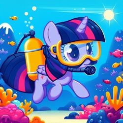 Size: 1024x1024 | Tagged: safe, imported from derpibooru, twilight sparkle, alicorn, fish, pony, ai content, ai generated, air tank, alternate cutie mark, bubble, dive mask, female, folded wings, generator:bing image creator, goggles, mare, ocean, oxygen tank, scuba diving, scuba gear, scuba tank, solo, swimming, twilight sparkle (alicorn), underwater, water, wings, wrong cutie mark