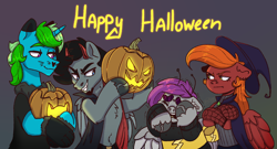 Size: 1776x958 | Tagged: safe, artist:sonyager, imported from derpibooru, oc, oc only, pegasus, pony, unicorn, clothes, colt, costume, female, halloween, halloween costume, holiday, male, pumpkin, scared