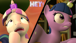 Size: 3840x2160 | Tagged: safe, artist:olkategrin, imported from derpibooru, twilight sparkle, twilight velvet, pony, unicorn, comic:no moaning in the library, 3d, bend over, bent over, book, bookshelf, butt, comic, daughter, dialogue, english, female, golden oaks library, gritted teeth, half-closed eyes, heterochromia, large butt, levitation, looking at self, looking at something, looking up, magic, magic aura, magic suppression, mare, open mouth, room, scared, screaming, sitting, source filmmaker, split screen, standing, surprised, tail, tail aside, talking, teeth, telekinesis, text, two sides