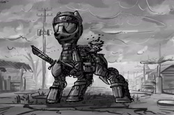 Size: 2000x1320 | Tagged: safe, artist:uteuk, imported from derpibooru, earth pony, armor, black and white, grayscale, knife, monochrome, stalcraft, weapon