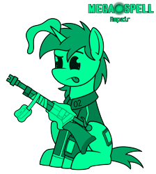 Size: 4300x4800 | Tagged: safe, artist:dacaoo, imported from derpibooru, oc, oc only, oc:littlepip, pony, unicorn, fallout equestria, absurd resolution, clothes, jumpsuit, megaspell (game), monochrome, pip-pony, pipbuck, simple background, tape, tongue out, transparent background, vault suit, weapon