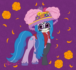 Size: 1470x1360 | Tagged: safe, artist:ismazhecat, imported from derpibooru, izzy moonbow, pony, unicorn, catrina (calavera garbancera), cempasúchil, dia de los muertos, g5, hat, looking at you