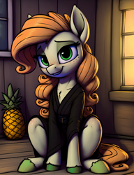 Size: 1280x1664 | Tagged: safe, artist:darbarri, derpibooru exclusive, imported from derpibooru, earth pony, ai assisted, ai content, clothes, curly hair, food, hooves, kimono (clothing), lidded eyes, looking at you, pineapple, sitting, smiling