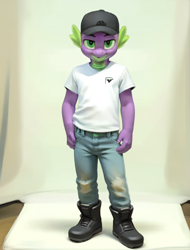 Size: 760x1000 | Tagged: safe, imported from derpibooru, spike, ai content, ai generated, boots, cap, clothes, denim, generator:stable diffusion, hat, jeans, older, pants, photo shoot, shirt, shoes, standing