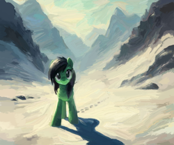 Size: 3000x2500 | Tagged: safe, artist:yidwags, imported from derpibooru, oc, oc:filly anon, earth pony, pony, female, filly, looking at you, mountain, mountain range, painterly, painting, snow