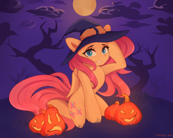 Size: 5000x4000 | Tagged: safe, artist:stravy_vox, imported from derpibooru, fluttershy, pegasus, pony, cute, female, halloween, hat, holiday, looking at you, mare, moon, pumpkin, shyabetes, sitting, smiling, solo