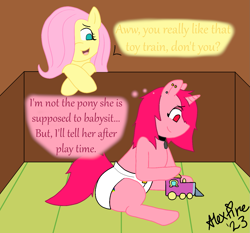 Size: 1279x1190 | Tagged: safe, artist:alexandrafire, imported from derpibooru, fluttershy, oc, oc:flaming azalea, pegasus, unicorn, baby, diaper, diaper fetish, female, fetish, toy, train, transgender