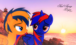 Size: 3037x1809 | Tagged: safe, artist:stephen-fisher, imported from derpibooru, sail away, oc, oc only, oc:flare spark, oc:stephen (stephen-fisher), alicorn, pegasus, alicorn oc, female, horn, irl, male, photo, smiling, sunset, tropical ponies, wings