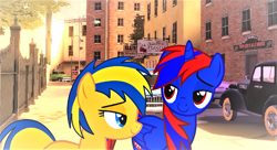 Size: 2523x1368 | Tagged: safe, artist:stephen-fisher, imported from derpibooru, oc, oc only, oc:flare spark, oc:stephen (stephen-fisher), alicorn, pegasus, 1950s, alicorn oc, city, female, horn, male, smiling, walking, wings