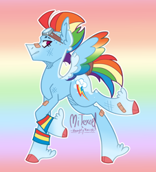 Size: 2408x2651 | Tagged: safe, imported from derpibooru, rainbow dash, pegasus, pony, alternate design, bandaid, blue coat, female, goggles, magenta eyes, mare, mohawk, multicolored hair, rainbow hair, redesign, short mane, short tail, solo, sweatband, tail