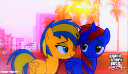 Size: 1643x945 | Tagged: safe, artist:stephen-fisher, imported from derpibooru, oc, oc only, oc:flare spark, oc:stephen (stephen-fisher), alicorn, pegasus, pony, alicorn oc, city, female, grand theft auto, grand theft auto vice city, horn, male, smiling, vice city, wings