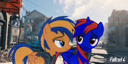 Size: 1782x898 | Tagged: safe, artist:stephen-fisher, imported from derpibooru, oc, oc only, oc:flare spark, oc:stephen (stephen-fisher), alicorn, pegasus, pony, fallout equestria, city, fallout, fallout 4, female, looking at each other, looking at someone, male, smiling, wasteland