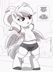 Size: 2289x3087 | Tagged: safe, artist:pabbley, imported from derpibooru, rainbow dash, pegasus, pony, alternate hairstyle, annoyed, belly button, bipedal, black and white, clothes, cute, dashabetes, eyebrows, eyebrows visible through hair, female, grayscale, hooves behind head, mare, monochrome, partial color, ponytail, shirt, shorts, simple background, solo, speech bubble, white background