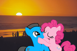 Size: 1106x742 | Tagged: safe, artist:williamsvenancio, imported from derpibooru, pinkie pie, oc, oc:william, earth pony, pony, 1000 hours in ms paint, beach, canon x oc, female, irl, kissing, male, ocean, photo, san bernardo, straight, sunset, water