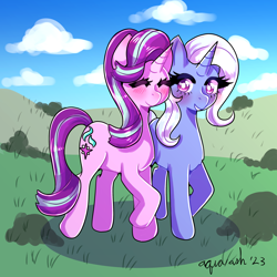 Size: 2700x2700 | Tagged: safe, artist:mylittleyuri, imported from derpibooru, starlight glimmer, trixie, pony, unicorn, blushing, cute, diatrixes, duo, eyes closed, female, g4, glimmerbetes, grass, grin, lesbian, mare, raised hoof, raised leg, ship:startrix, shipping, smiling