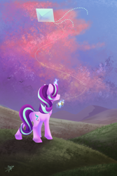 Size: 3500x5253 | Tagged: safe, artist:jsunlight, imported from derpibooru, starlight glimmer, bird, pony, unicorn, absurd resolution, butt, female, g4, glowing, glowing horn, grass, hill, horn, kite, kite flying, levitation, magic, magic aura, mare, outdoors, plot, sky, smiling, solo, telekinesis, wallpaper