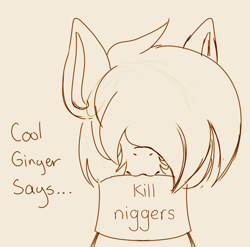 Size: 3102x3065 | Tagged: safe, artist:tuzz-arts, edit, editor:strifesnout, oc, oc only, oc:cool ginger, pony, femboy, male, niggers, sign, sketch, solo, text