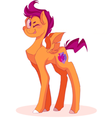 Size: 530x601 | Tagged: artist needed, source needed, safe, edit, editor:strifesnout, scootaloo, pegasus, pony, blushing, concave belly, cute, cutealoo, ear fluff, long legs, one eye closed, slim, smiling, solo, thin, tongue out, wink