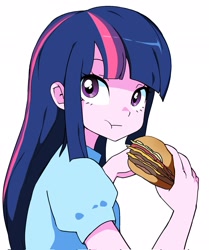 Size: 1713x2048 | Tagged: safe, artist:cheesesauce_45, imported from derpibooru, twilight sparkle, human, equestria girls, :t, burger, cheeseburger, eating, female, food, g4, hamburger, looking back, simple background, solo, that pony sure does love burgers, twilight burgkle, white background