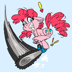 Size: 4000x4000 | Tagged: safe, artist:victorydanceofc, edit, editor:strifesnout, pinkie pie, earth pony, pony, chainsaw, exclamation point, female, heart, sharp teeth, solo, teeth