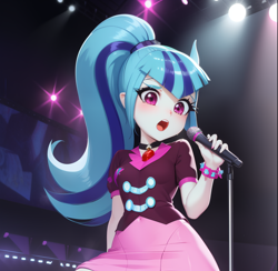 Size: 1152x1123 | Tagged: safe, imported from derpibooru, adagio dazzle, aria blaze, sonata dusk, human, equestria girls, rainbow rocks, ai content, ai generated, g4, idol, light, microphone, night, prompter:angel-saez, singing, stage, the dazzlings