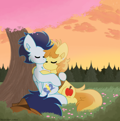 Size: 3370x3410 | Tagged: safe, artist:nordicgoat, imported from derpibooru, braeburn, soarin', earth pony, pegasus, cherry blossoms, cuddling, duo, flower, flower blossom, gay, male, scenery, ship:soarburn, shipping, sunset, tree