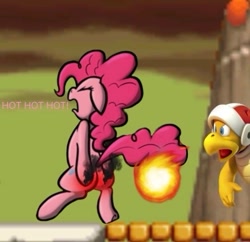 Size: 439x425 | Tagged: safe, imported from derpibooru, pinkie pie, earth pony, pony, burned, burned butt, butt, eyes closed, female, fire, fire bro, floppy ears, g4, literal butthurt, open mouth, pain, plot, reddened butt, super mario bros., tail