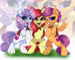 Size: 2500x2000 | Tagged: safe, artist:skyboundsiren, imported from derpibooru, apple bloom, scootaloo, sweetie belle, earth pony, pegasus, unicorn, belly, bow, cape, clothes, cutie mark, cutie mark crusaders, diamonds, grass, round belly, signature, smiling, zoom layer
