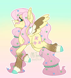 Size: 828x911 | Tagged: safe, artist:mitexcel, imported from derpibooru, fluttershy, pegasus, pony, alternate design, cloven hooves, colored wings, concave belly, cutie mark, ear fluff, female, flower, flower in hair, freckles, g4, gradient background, green eyes, long mane, long tail, mare, pink mane, pink tail, raised hoof, redesign, side view, solo, spread wings, tail, twitterina design, wavy mouth, wings