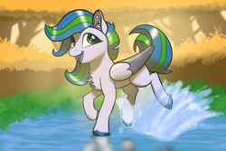 Size: 3072x2048 | Tagged: safe, artist:maonyman, imported from derpibooru, oc, oc only, oc:puddle jump, pegasus, pony, /mlp/, background, chest fluff, colored hooves, colored wings, ear fluff, female, folded wings, grass, hopping, leaves, lighting, mare, open mouth, pond, puddle, secret santa, shading, shiny hoof, smiling, solo, splash, splashing, striped mane, striped tail, sunlight, tail, tree, two toned hair, two toned mane, two toned tail, two toned wings, water, wings