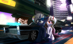 Size: 3000x1800 | Tagged: safe, artist:rainydark, imported from derpibooru, neon lights, rising star, oc, oc only, unicorn, cadillac, car, city, cityscape, cyberpunk, horn, japan, light, lightning, neon, rain, road, unicorn oc