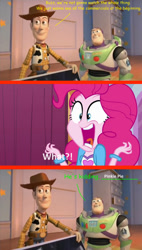 Size: 749x1318 | Tagged: safe, artist:disneyponyfan, imported from derpibooru, pinkie pie, buzz lightyear, disney, kidding, pixar, toy, toy story, woody